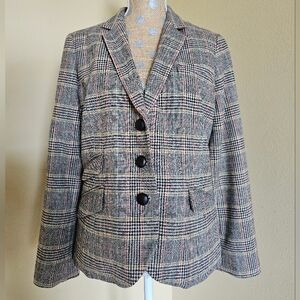 Talbots Houndstooth Wool Blend Blazer 14P Elbow Patches Tweed Brown